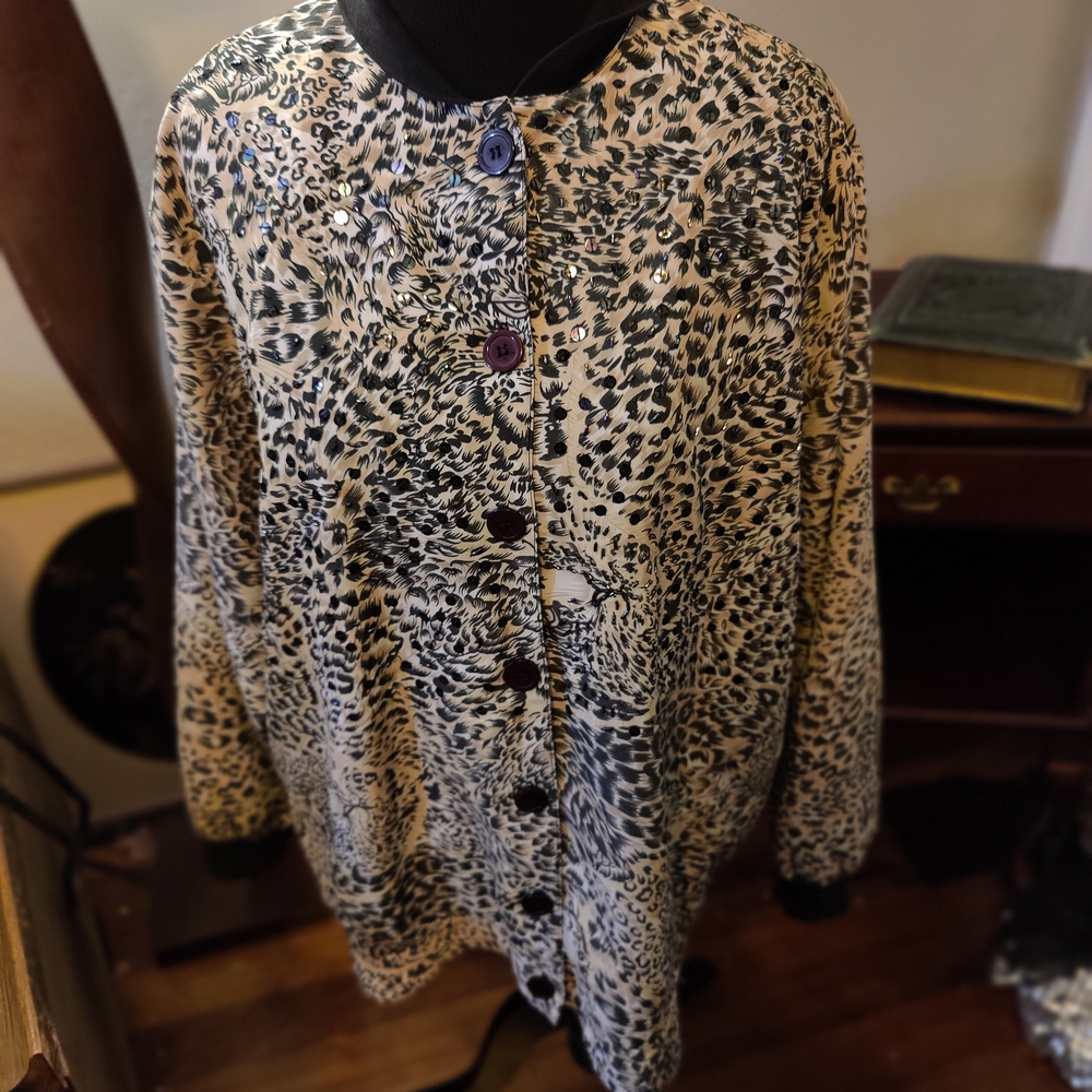 Vintage 80s Leopard Print Sequin Button-Up Bomber Jacket Size XL Grandmacore
